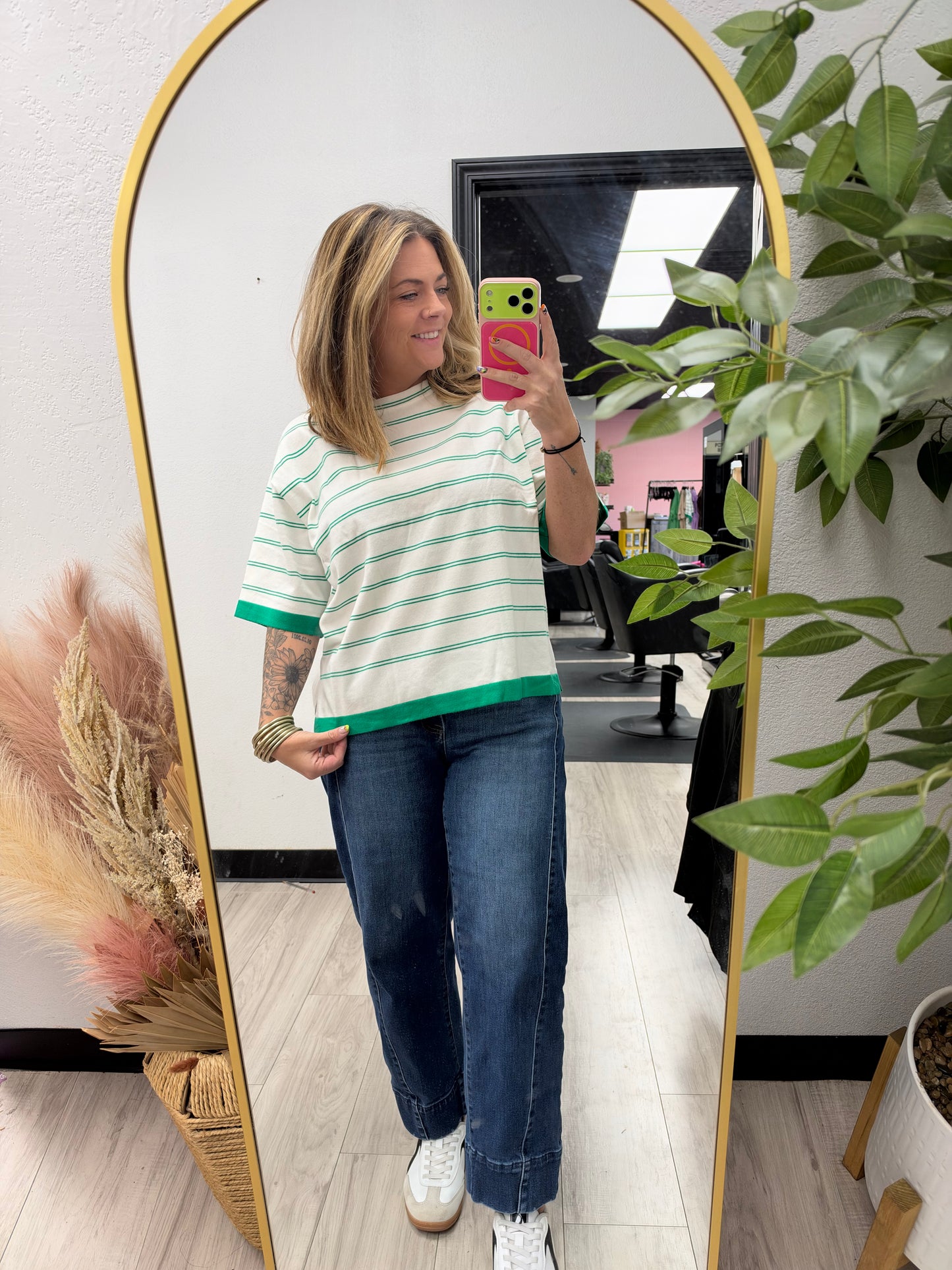 Green Stripe Short Sleeve Sweater